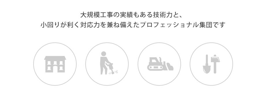 大規模工事の実績もある技術力と、小回りが利く対応力を兼ね備えたプロフェッショナル集団です